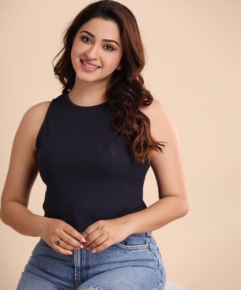 Navy Blue Rib Peplum Crop Top